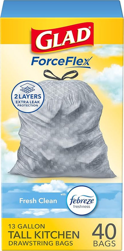 Glad ForceFlex Tall Kitchen Trash Bags, 13 Gallon, Fresh Clean