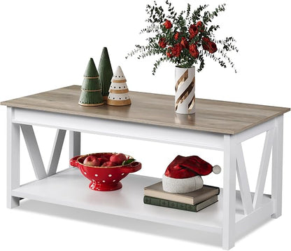 WLIVE Coffee Table, 43" Farmhouse Coffee Table with Storage Shelf & Sturdy V-Shaped Support, Wood Center Table for Living Room, Bedroom, Office and Balcony, White
