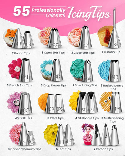 RFAQK 200PCs Cake Decorating Kit with Cake Turntable & Leveler, Baking Supplies Gift Includes 110+1 Piping Bags,55 Icing Tips,2 Frosting Spatulas, Adjustable Scraper, Complete Video Course & much more