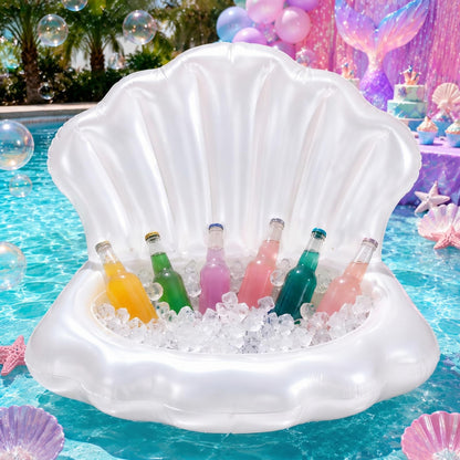 Gemscream 1 Pcs Inflatable Seashell Pool Float Cooler, Mermaid Party Decorations, Blow up Shell Float Drink Holder, Under The Sea Theme Party Supplies for Summer Pool Beach Decor (White)