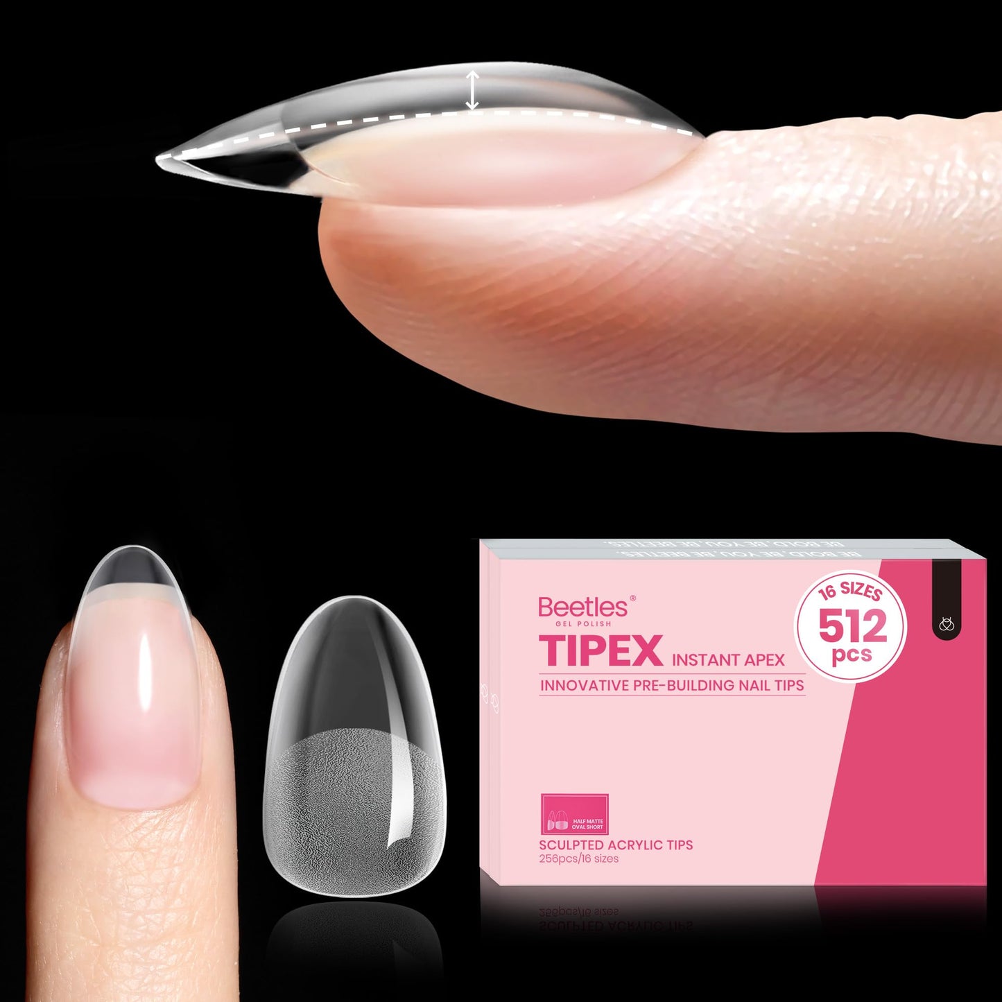 Beetles Tipex Instant Apex Nail Tips Kit, Coffin Long 224Pcs 16 Sizes Pre-Building & Pre-Etched Thicker Acrylic Nails False Nail Extension with Tipex Nail Glue Mini Nail Lamp