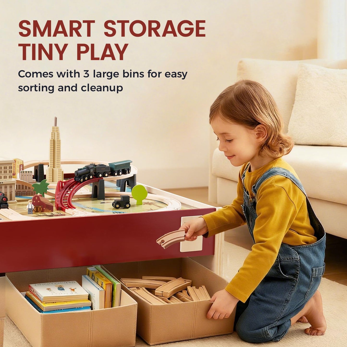 Tiny Land Large Wooden Train Table (47.9”x35.2”), 104PCS Train Set, 3 Storage Bins, Activity Playset for Kids Ages 3+