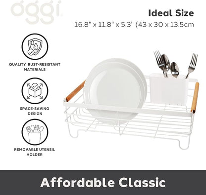 Oggi Large Dish Drying Rack - White & Bamboo Dish Drying Rack, Drying Rack Kitchen, Dish Rack, Dish Racks for Kitchen Counter, Durable Coated Metal Kitchen Drying Rack with Cutlery Holder