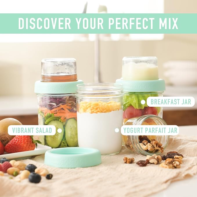 4oz 16 oz Glass Overnight Oats Containers with Lids 4Pack, Yogurt Parfait Cups with Dry and Wet Separation, Breakfast Prep Bowl for Cereal Nut Fruit Meal, To Take Along Oatmeal Salad Smoothie Snack