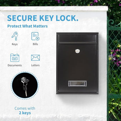 RAINHOL Wall Mount Mailboxes for Outside with Key Lock, Galvanized Steel Locking Mailbox, Waterproof Secure Mail Drop Box, Medium Capacity, 12.6 x 8.5 x 3.3 Inches, Black
