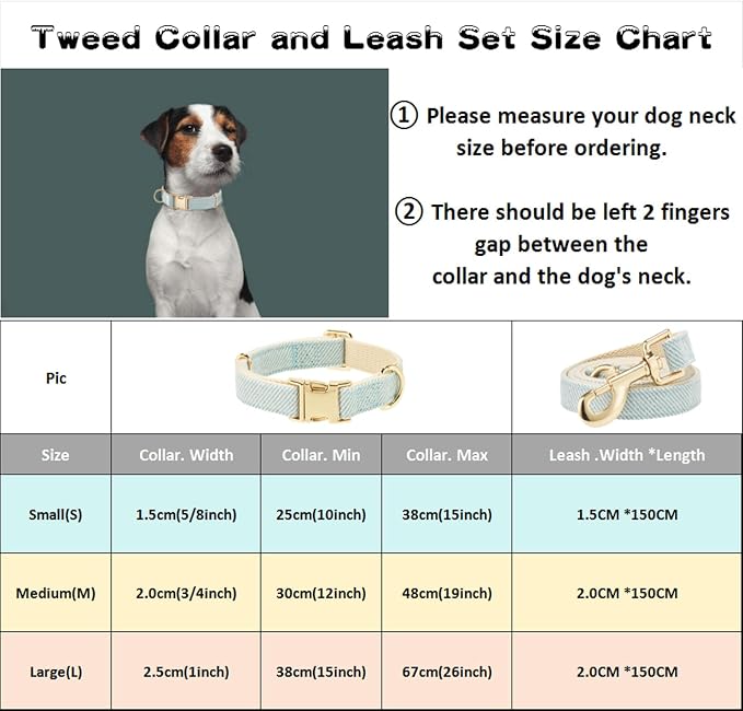 Luxury Soft Cotton Tweed Fabric Dog Collar & Leash Set with Gold Buckle – Durable Fabric, Stylish Design for Everyday Walks(Medium LtBlue)