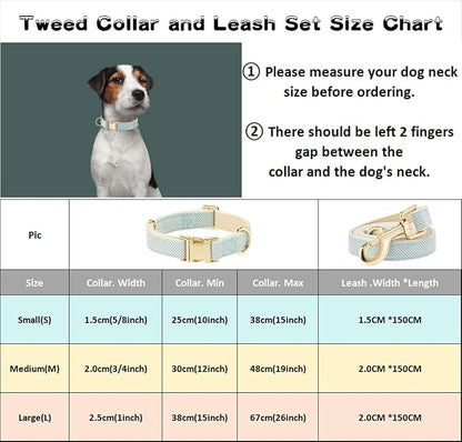 Luxury Soft Cotton Tweed Fabric Dog Collar & Leash Set with Gold Buckle – Durable Fabric, Stylish Design for Everyday Walks(Medium LtBlue)