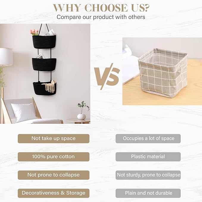 TeoKJ Over the Door Organizer, 3-Tier Woven Cotton Hanging Kitchen Baskets