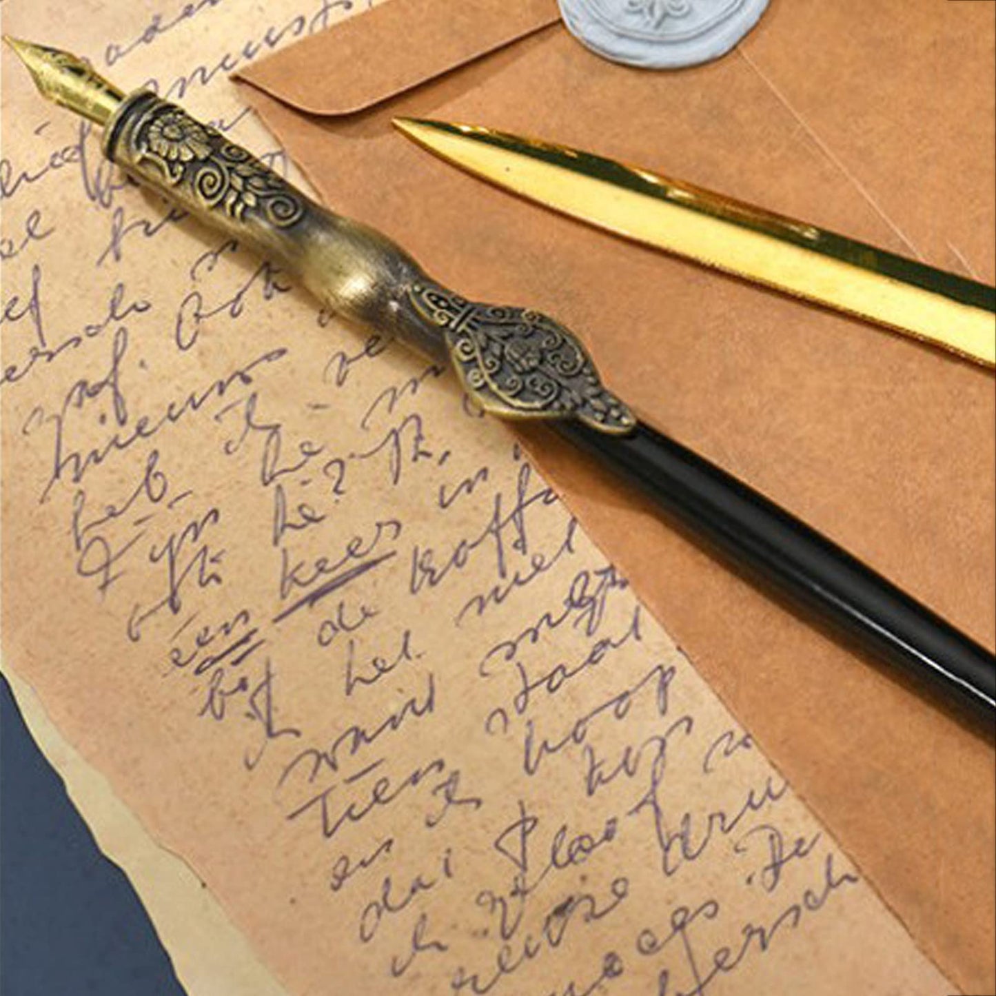 Joyeee Wooden Dip Pen Set with Ink, Vintage Letter Opener Knife, Desk Pen Holder, Tealight Candles, Idea for Writing, Drawing, Signatures, Art Gifts, Envelope Wax Seal Kit with Gold Wax Seal Beads