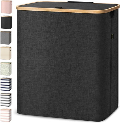 BALEINE Laundry Hamper with Lid, Tall Laundry Baskets with Bamboo Pull Handles
