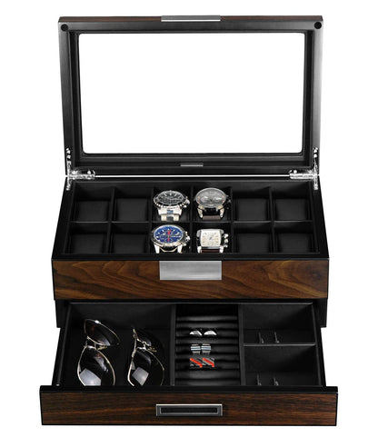 Lifomenz Co Watch Box for Men 12 Slot Wooden Watch Organizer - Premium Walnut Watch Display Case Storage with Valet Drawer, Real Glass Window & Luxury Leather Interior
