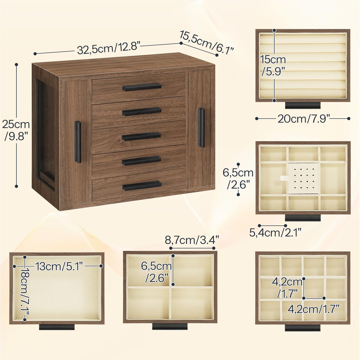 HOOBRO 5-Tier Jewelry Box, Wooden Jewelry Organizer with Transparent Windows and 360° Rotating Jewelry Box, Wooden Jewelry Organizer Bundle, BH19JB04-BH30JB04