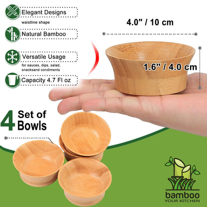 ZTHapwa Bamboo Wooden Bowls, 4.7 OZ Serving Fruit Snack Bowls for Dinnerware Kitchen, Handmade Pinch Bowl Ramekins for Side Dishes/Dessert/Condiment, Set of 4