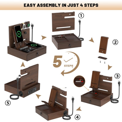 Wood Phone Docking Station with USB Ports and Outlets, Nightstand Organizer with Charging Station, Bedside Organizer with Drawer for Watch & Accessories, Christmas Anniversary Birthday Gifts for Men