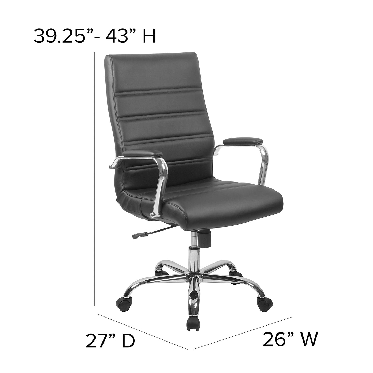 Flash Furniture Whitney High-Back Swivel LeatherSoft Desk Chair with Padded Seat and Armrests, Adjustable Height Padded Office Chair, Black/Chrome