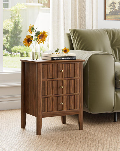 Apetaccat Nightstand Vintage, Fluted Night Stand Tall Farmhouse Beside Table with 3 Drawers, Mid Century Modern Side Accent Table,Bedside End Table for Bedroom, Walnut