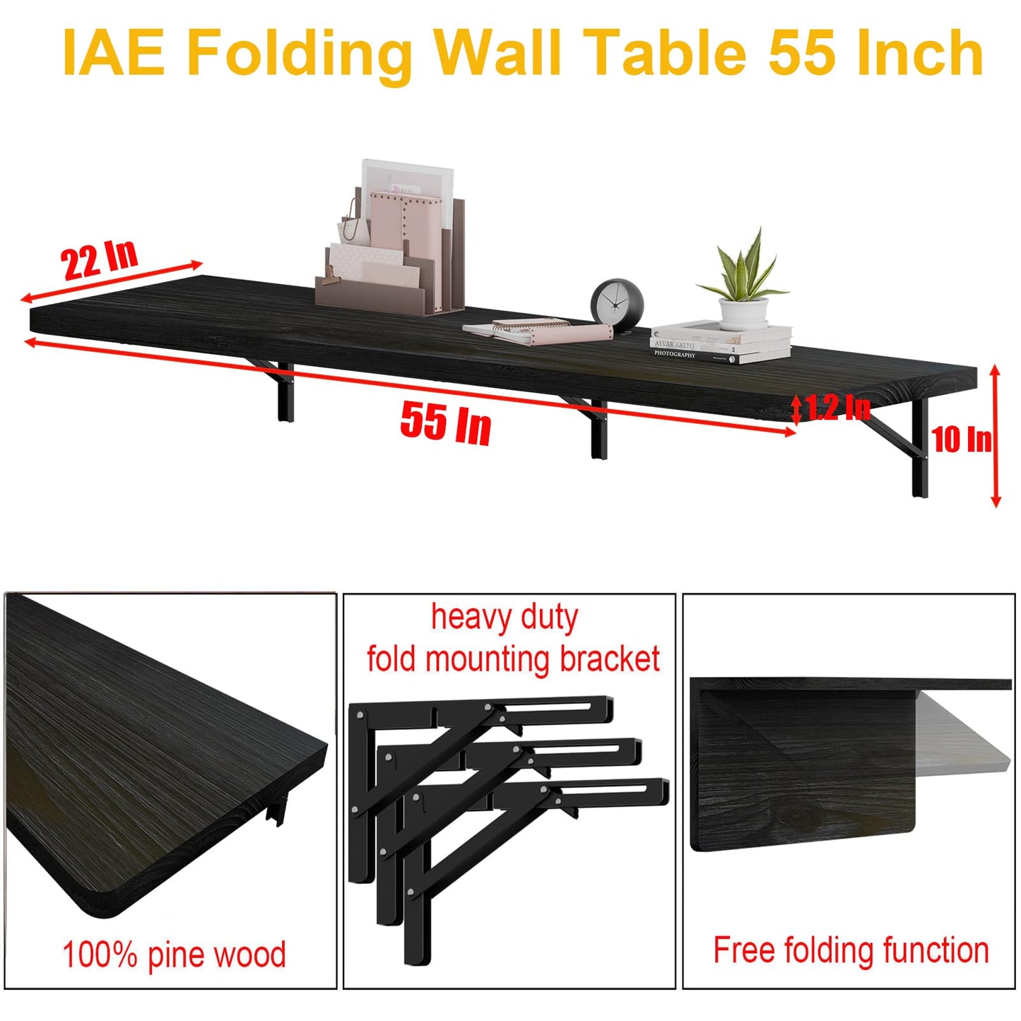IAE Floating Wall Mounted Folding Table Desk with Pine Wood,55" x 22" Folding Workbench,Fold Down wall Mounted Foldable Table with Shelf Brackets,Laundry Folding Table for Apartment,Home,Kitchen,Black