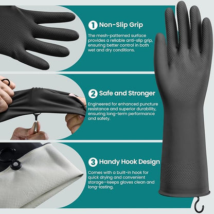 4 Pairs Rubber Dishwashing Gloves with Hanging Hooks - Reusable Cleaning Gloves for Kitchen & Household, Non-Slip, Durable and Flexible (Large, 4 Colors: Black, Pink, Blue, Purple)