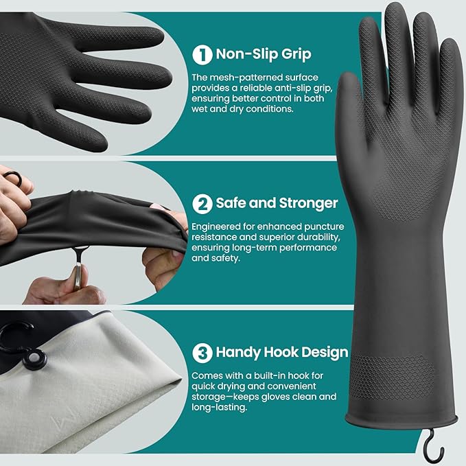 4 Pairs Rubber Dishwashing Gloves with Hanging Hooks - Reusable Cleaning Gloves for Kitchen & Household, Non-Slip, Durable and Flexible (Medium, 4 Colors: Black, Pink, Blue, Purple)