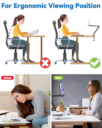YCNEW Desk Clamp Acrylic Book Stand for Reading, Ergonomic Design Adjustable Height up to 20 inches with Rotating Bases Cookbook Stand, Suitable for Recipe, Sheet Music, Tablet(Gray)