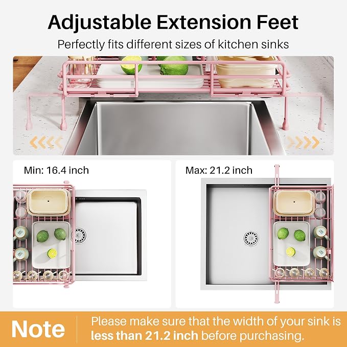 SNTD Dish Drying Rack - Extendable Dish Rack, Large Sink Drying Dish Drainer for Kitchen Counter, Stainless Steel Dish Strainer with Utensil Holder (Pink)