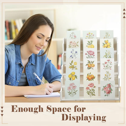 Yuntau 5 Tier Greeting Card Display Stand White Bamboo and Acrylic Sticker Display Stand Trading Card Holder Retail Photos Shelf for Vendors Craft Collection & Show
