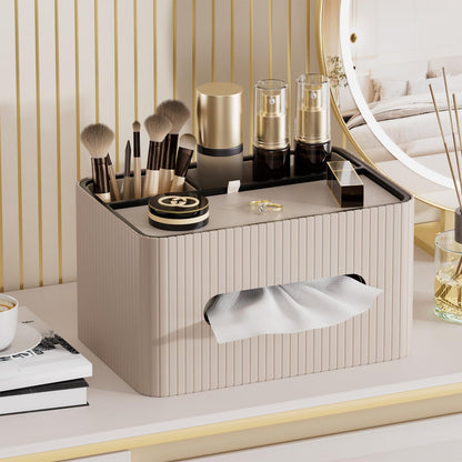 KINGFOM Leather Tissue Box Cover with Storage Tray, Decorative Tissue Box Holder Organizer for Office Desk, Bedroom & Nightstand, Remote Control Holder for Perfume, Watch, Glasses, Pens (Mocha Beige)