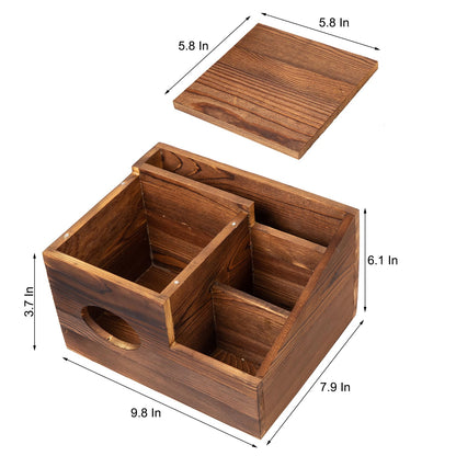 ExoLiry Deluxe Dark Rustic Brown Wooden Remote Control Caddy with Tissue Box Cover – Multi-Compartment Organizer for TV Remotes, Phones, Tablets and Living Room Essentials