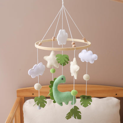 Mobile for Crib – Handmade Dinosaur Jungle Baby Mobile with Leaves & Stars, Baby Mobile for Crib Felt Hanging Toy Nursery Mobiles with Beech Wood Ring, Bassinet Mobile Dino Nursery Decor