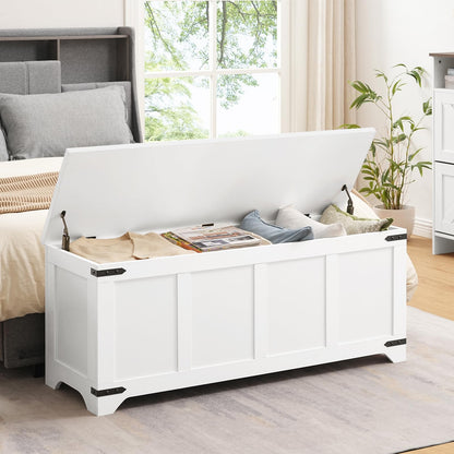 MAHANCRIS 47.2" Storage Chest, Wooden Storage Bench with 2 Safety Hinges, Entryway Shoe Bench with Flip-Top, Storage Trunk for Living Room, Bedroom, Entryway, White SCBW4901
