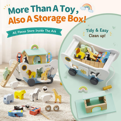 HASHMUST Wooden Noah's Ark Toy for 1 Year Old Baby Boy and Girl Gift - Pull Along Toddler Montessori Toy with Animal Shape Sorter Stacker for 1-3 Christmas Birthday Preschool Baptism Gift