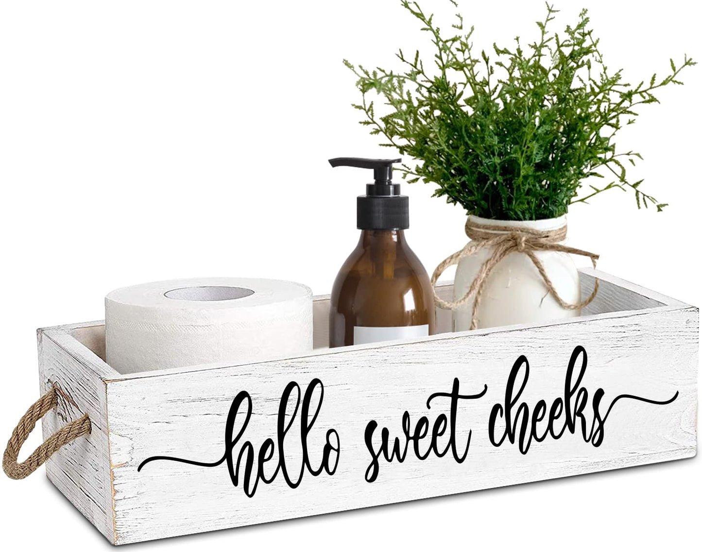 PZJIEAN Funny 2 Sides Hello Sweet Cheeks White Bathroom Decor Box with Handle, Farmhouse Bathroom Decor Box for Toilet Paper, Back of Toilet Organizer