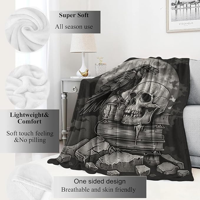 Gothic Skull Blanket,Goth Black Raven Spooky Throw Blankets,Gifts for Women Men, Lightweight Soft Fleece Cozy,for Sofa Couch Bed Room Travel,Festival Halloween Aesthetics Decor,50x60in