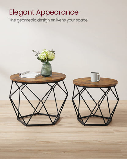 VASAGLE Small Coffee Table Set of 2, Round Coffee Table with Steel Frame, Side End Table for Living Room, Bedroom, Office, Rustic Brown and Ink Black