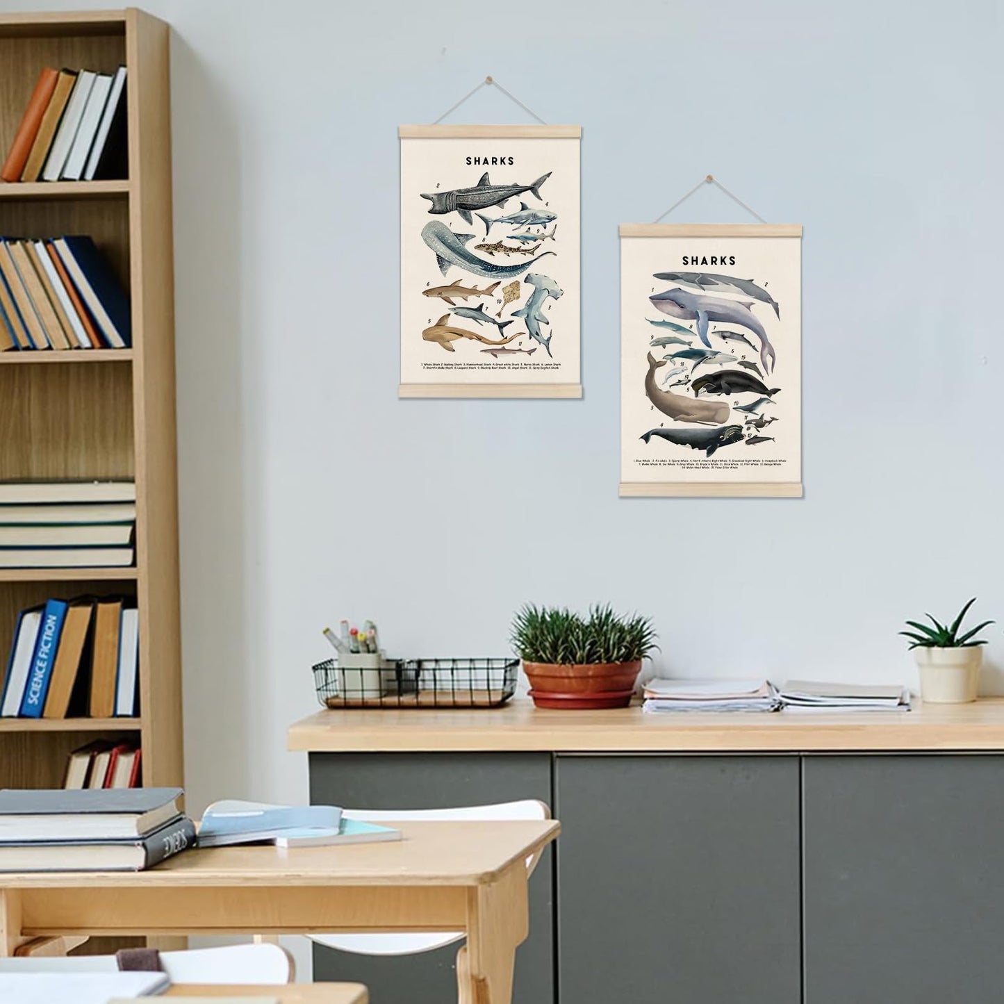 DOI-LANEE Shark Poster Hanger Frame, Set of 2 Shark Canvas Wall Art 16x12 Inch, Kids Educational & Learning Posters, Ocean Room, Sea Animal Decor for Playroom Classroom, Ocean Animals Wall Decor