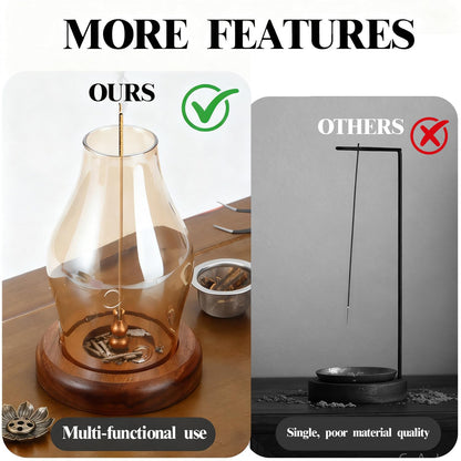 Glass Incense Holder for Sticks, Wooden Incense Stick Holder with Ash Catcher, Modern Insence-Stick Holder, Multi-Functional No Mess Incent Holder for Yoga Spa Meditation Home Zen Decor (Amber)