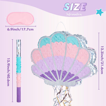 Wernnsai Mermaid Seashell Piñata - Pink Shellfish Piñatas for Kids Girls Birthday Mermaid Princess Party Decorations Under The Sea Ocean Theme Party Games With Bat Blindfold 16“ x 12.5" x 3"