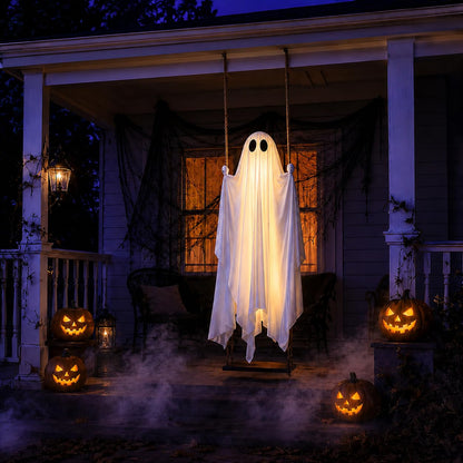 Halloween Decorations Outdoor - 5FT Large Hanging Swing Ghost with Remote Control String Lights & Upgraded Sheet, Scary Ghost Halloween Party Decor Outside for Tree Porch Yard Garden Lawn