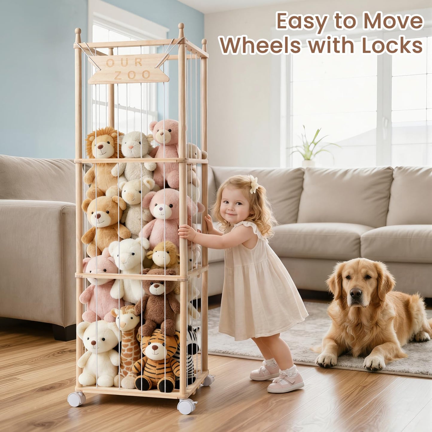 Ostutry Stuffed Animal Storage with Wheels - Wood Stuffed Animals Organizer Holder Zoo Large Capacity Plush Toy Cage with Elastic Band for Playroom, Bedroom, Nursery