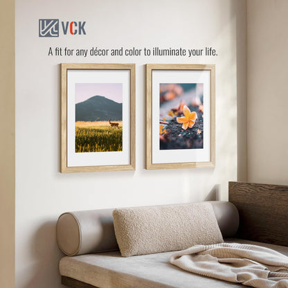 VCK 12x16 Picture Frame 5 Pack - Natural Wood Grain, High-End Wood Poster Frames with Tempered Glass, Display 8.5x11 Photo with Mat or 12x16 without Mat, Art Gallery-Quality, Wall Hanging, Natural