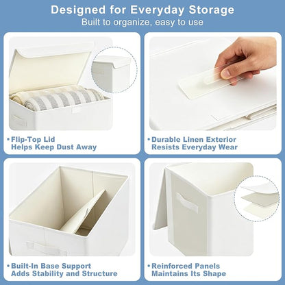 Bagnizer Large 17" 42 Quarts Collapsible Stackable Storage Bins with Lids [3-Pack] Foldable Fabric Linen Storage Boxes Cube, Closet Organizer Baskets with Label (16.7 x 12 x 12, White)