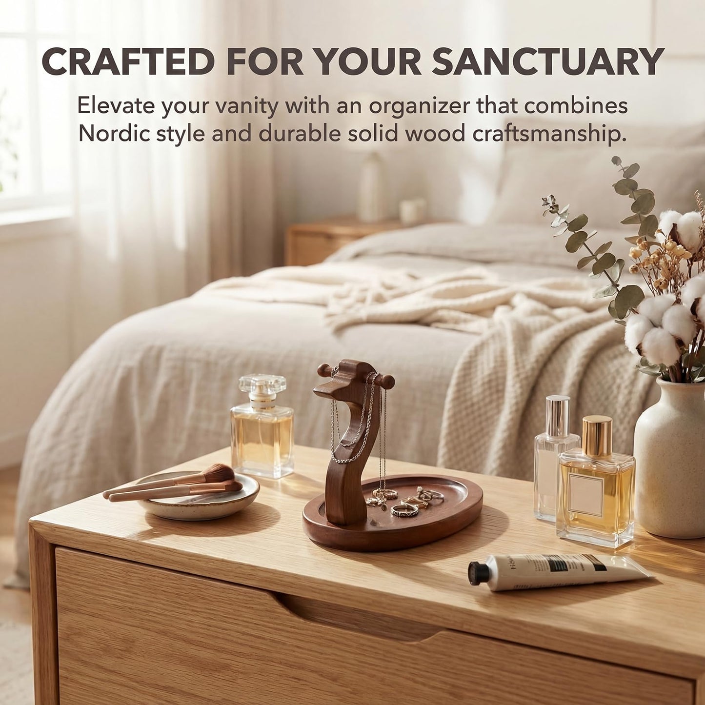 HonorHut Solid Wood Key Stand Entryway Key Holder with 2 Hooks Decorative Jewelry Wooden Dish Keys Bowl for Hallway Living Room Bedroom Swan, Circle
