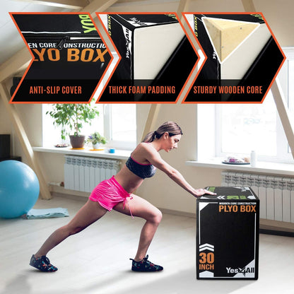Yes4All 3-in-1 Soft-Padded Plyo Box With Wooden Core, Non-Slip Multi-Use Cushioned Plyometric Jump Box with Vinyl Cover for Jumping, Conditioning, Strength Training, 30" x 24" x 20"