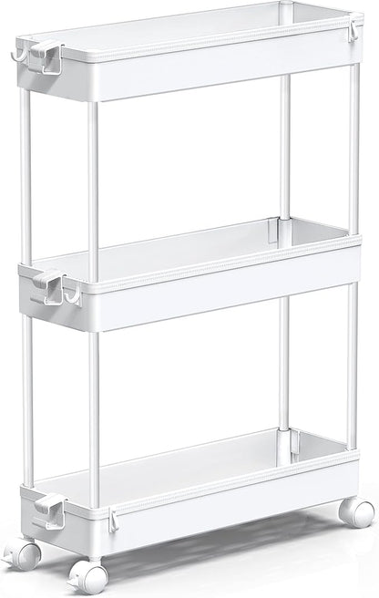 SPACEKEEPER Slim Rolling Storage Cart, 3 Tier Bathroom Storage Organizer Laundry Room Utility Cart Mobile Shelving Unit, Multi-Purpose for Kitchen Office Bathroom Laundry Narrow Places, White