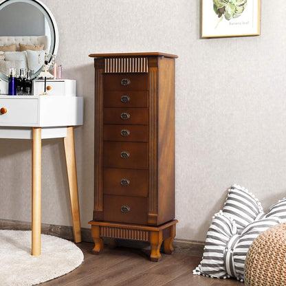 OFFICEJOY Jewelry Armoire Cabinet, Wooden Standing Jewelry Box w/ 7 Drawer, 2 Side Door, Flip Top Mirror, 12 Necklace Hook, Tall Jewelry Storage Chest for Women