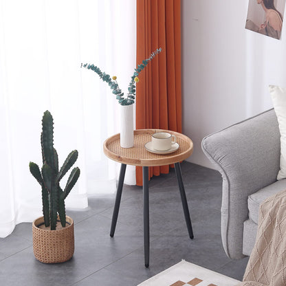 Tiita Rattan Round End Table Mental Side Table Nightstand/Small Wood Tables Accent Coffee Table with Wooden Tray for Living Room Bedroom Office Small Space