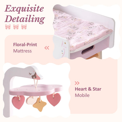 ROBUD Wooden All-in-One Baby Doll Changing Table with Mattress, Removable Sink, 2 Fabric Drawers, Bed Bell, Doll Furniture with Realistic Details for Kids 3+, Fits Dolls Up to 20 in, Pink