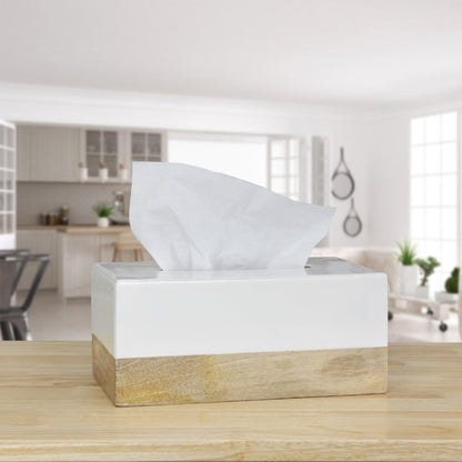 AuldHome Design Rectangular Tissue Box Cover (Enamel/Mango Wood); Minimalist Scandinavian Decor White Oblong Tissue Holder