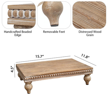 SwallowLiving Farmhouse Wood Riser for Display Decorative, Rustic Shabby Chic Tray for Kitchen Counter, Coffee Bar Table, Dining Room, Wooden Rectangle Beaded Pedestal Stand for Food, Natural