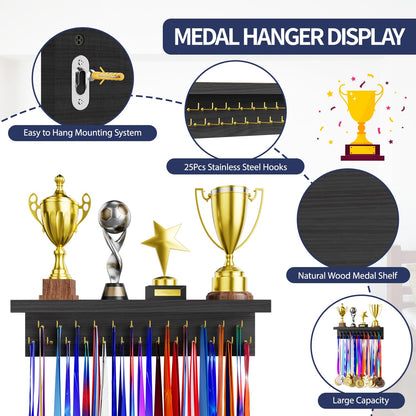 DSVENROLY Medal Holder Display Trophy Shelf Organizer, Sturdy Wooden Race Award Hanger Rack with 25 Steel Hooks, Wall Mount Storage Stand for Sports Fans, Cheer Success, Retro Grey